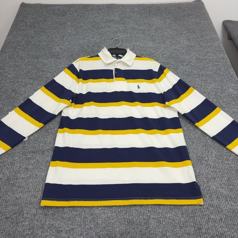 Polo Ralph Lauren Rugby Shirt Mens L Blue Yellow Cotton Striped Custom Fit Prep
